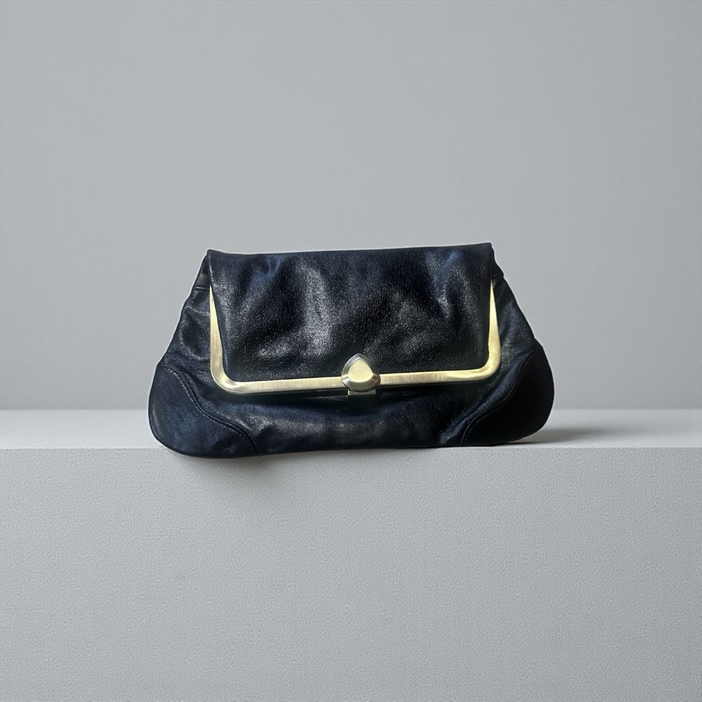 Kate Landry Fold-Over Black Leather Clutch Bag